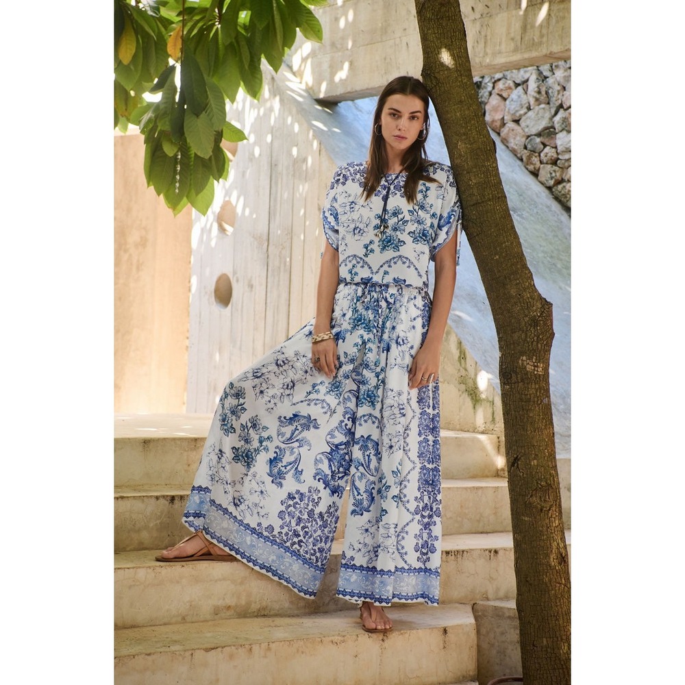 Johnny Was Vallora Pleated Wide Leg Silk Floral Pants Blue White